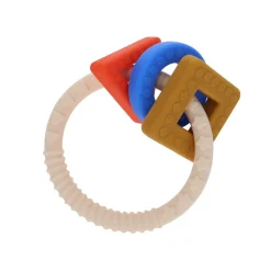 Anneau de dentition silicone formes bleu et moutarde