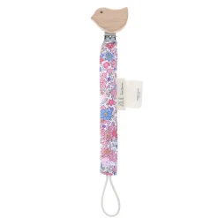 Attache tétine oiseau fleuri bleu et rose