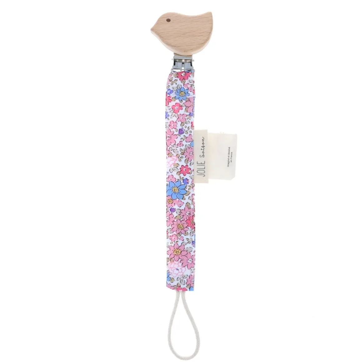 Attache tétine oiseau fleuri bleu et rose
