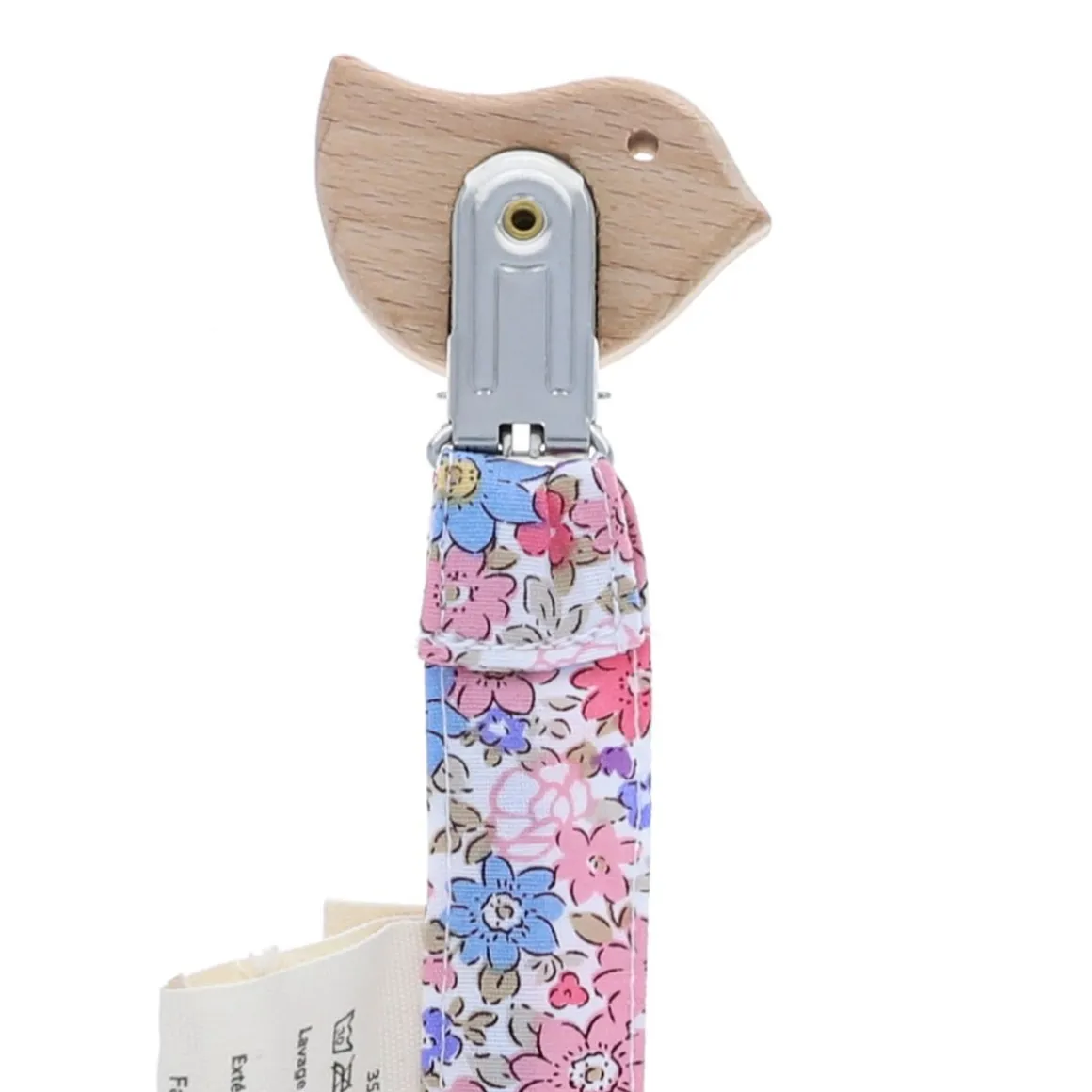 Attache tétine oiseau fleuri bleu et rose
