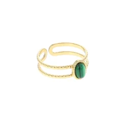 Bague dorée 2 rangs pierre Malachite