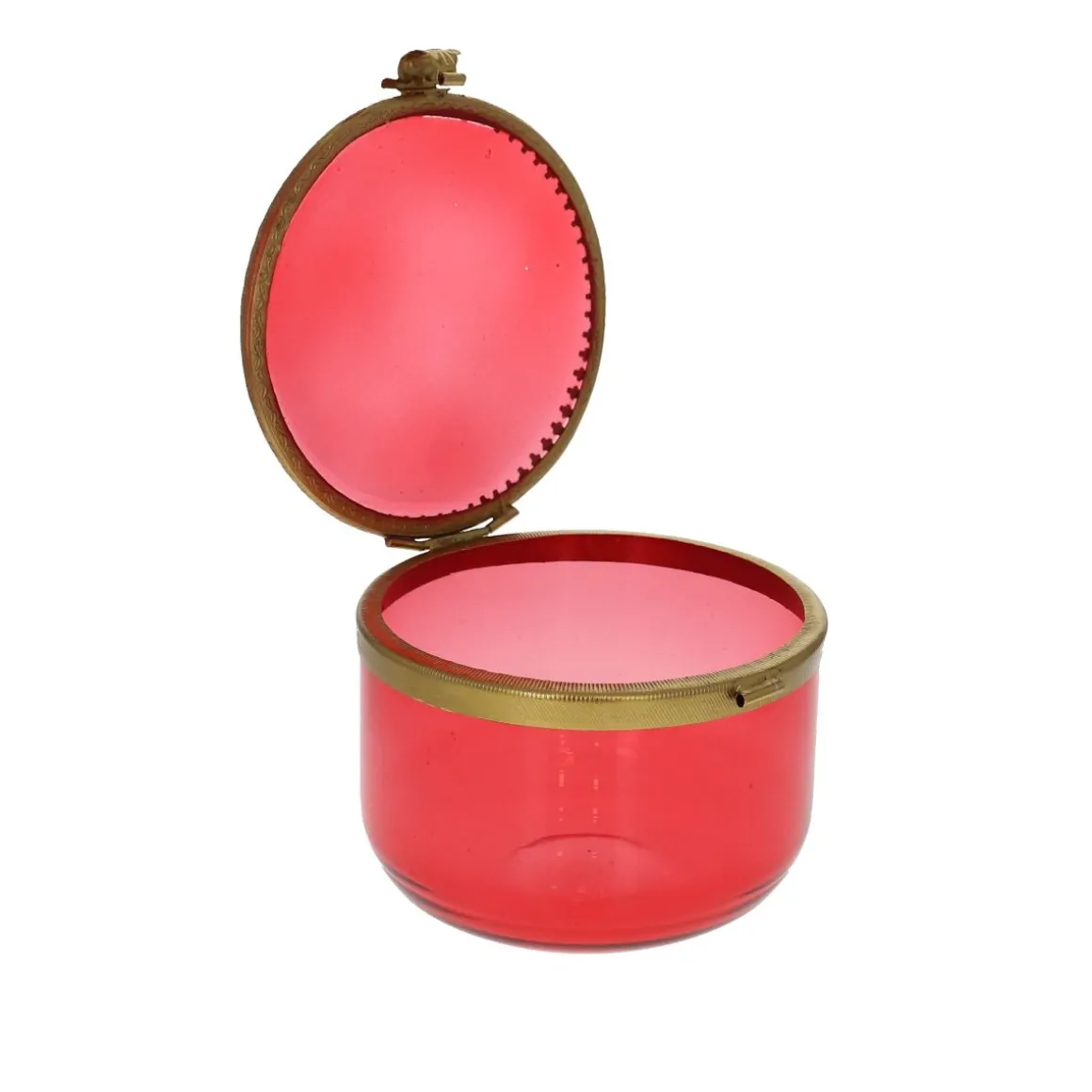 Boite ronde rose en verre et laiton
