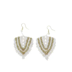 Boucles d'oreilles tissées écru rayée doré et blanc