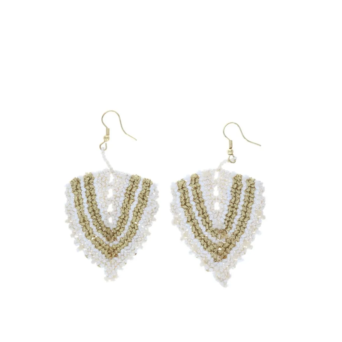 Boucles d'oreilles tissées écru rayée doré et blanc