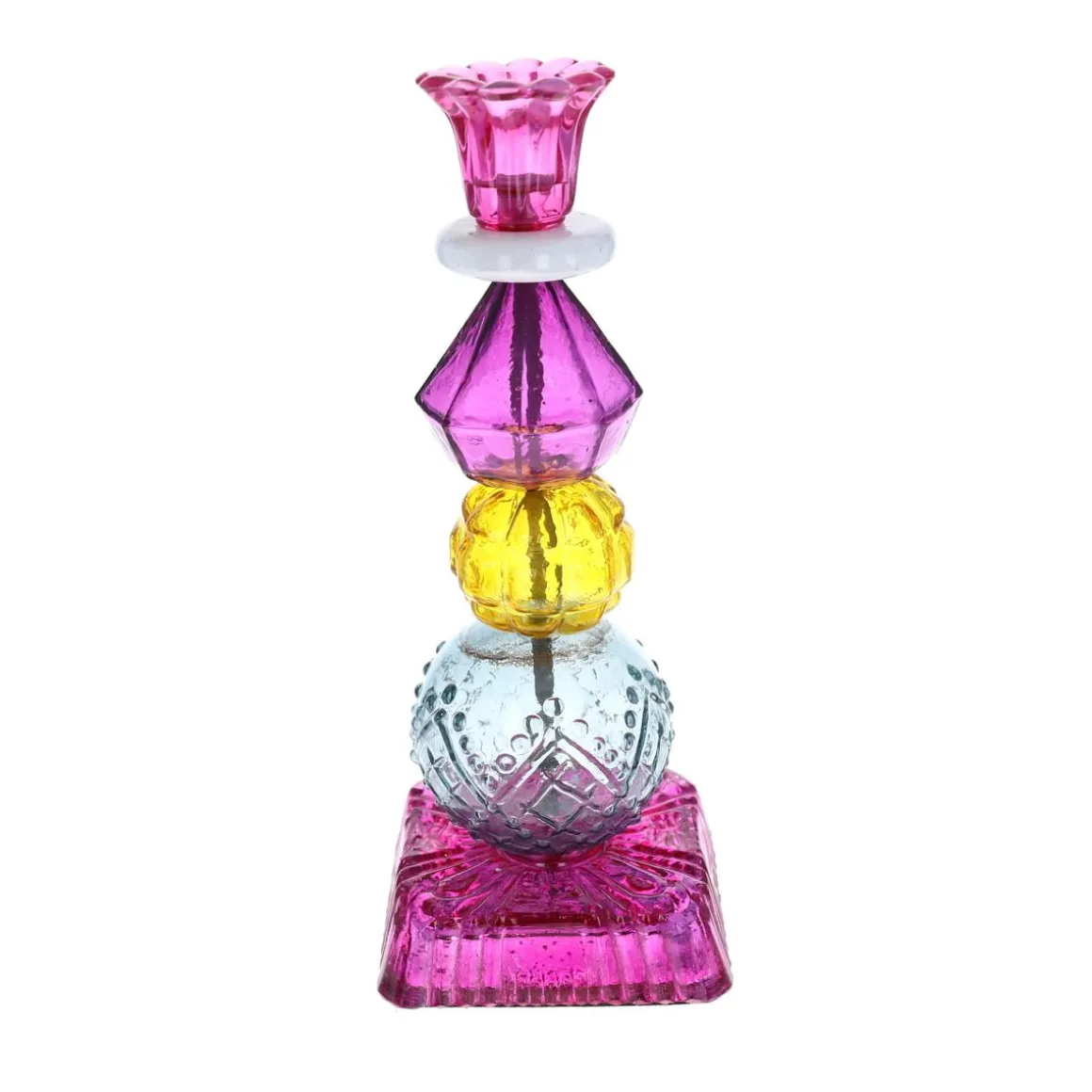 Bougeoir haut en verre multicolore rose