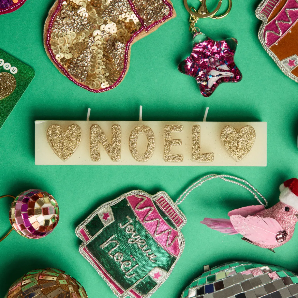 Bougie Noël à paillettes dorées