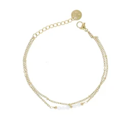 Bracelet chaîne double dorée et perles blanches