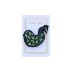 Broche brodée paon vert