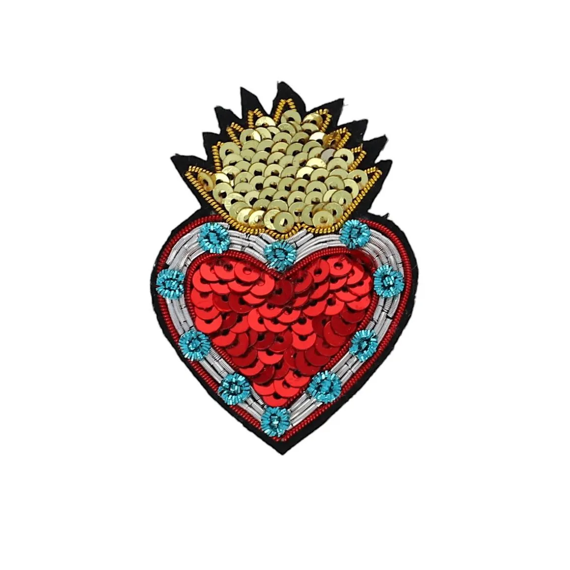 Broche sequins cœur ex-voto rouge et doré