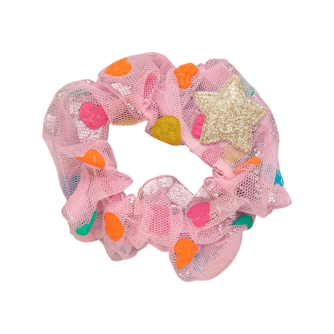 Chouchou tulle rose coeurs multicolores