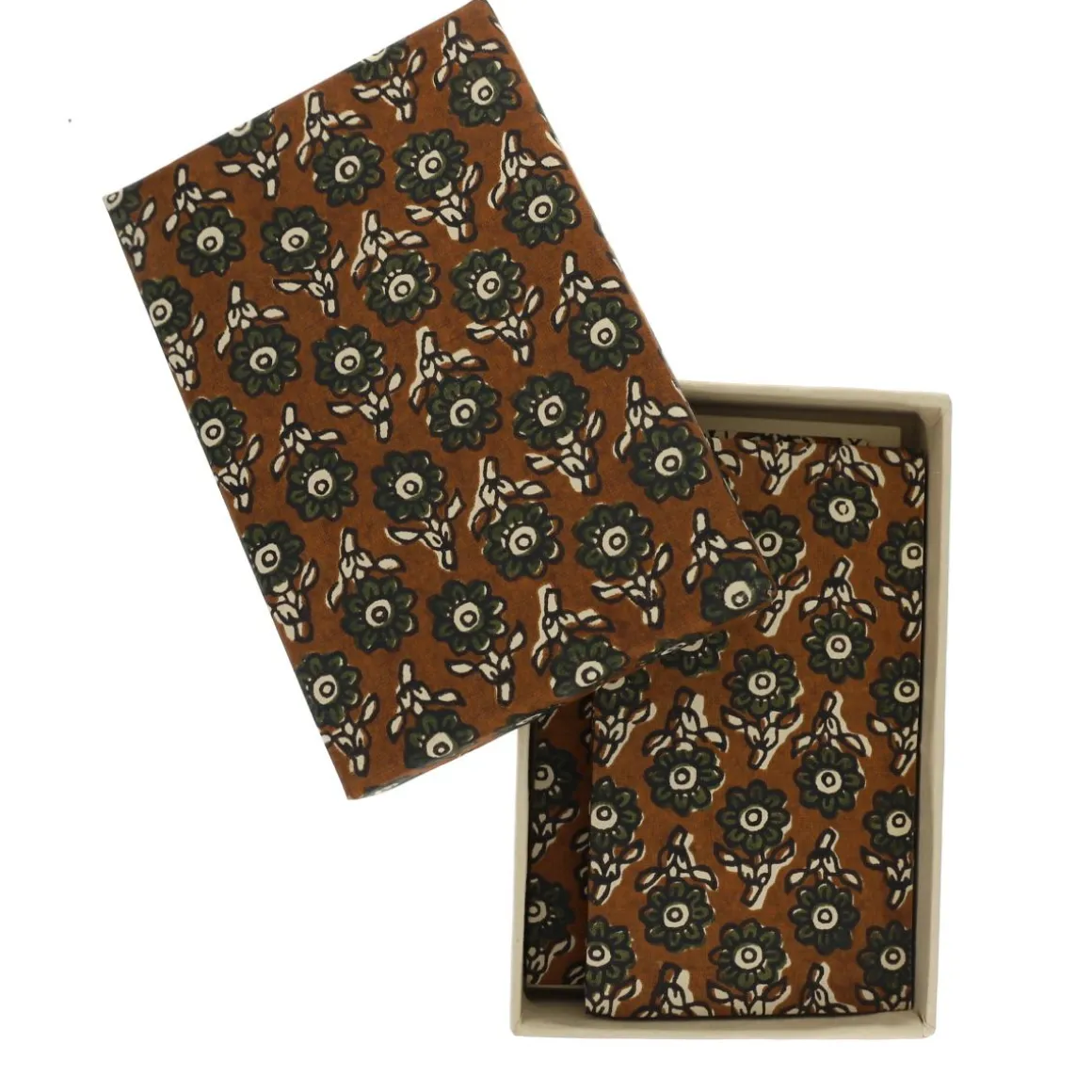 Coffret de correspondance fleuri kaki block print - Delhi d'antan