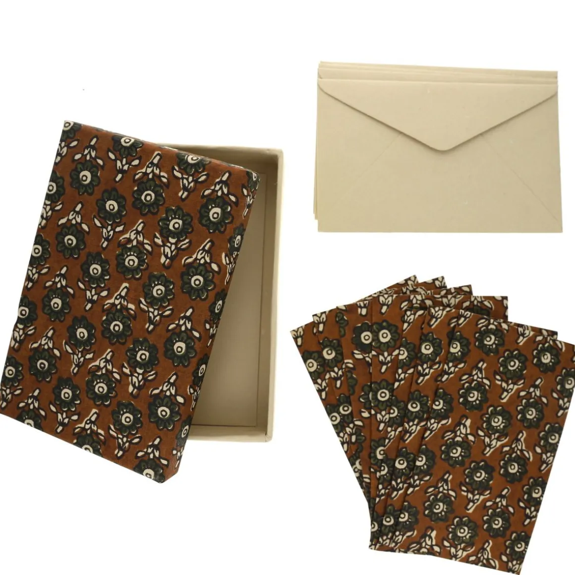 Coffret de correspondance fleuri kaki block print - Delhi d'antan