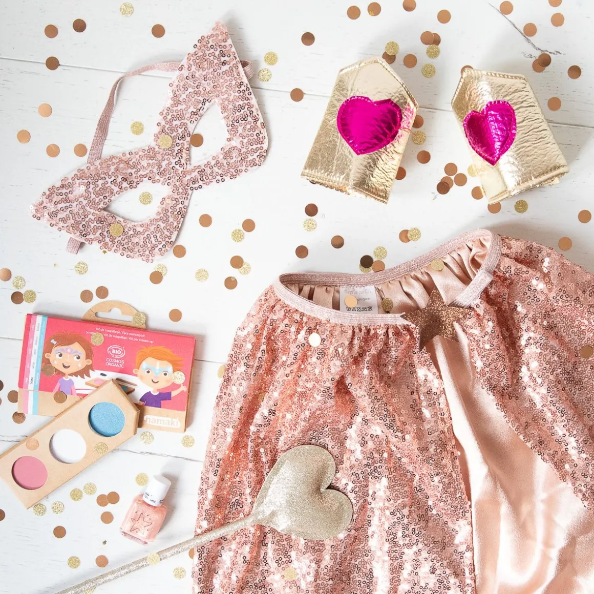 Déguisement cape et masque à sequins rose cuivre