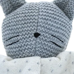 Doudou chat bleu collerette ivoire à pois