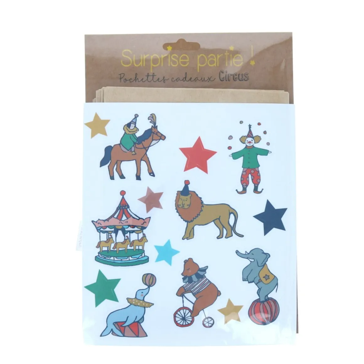 Ensemble d'étiquettes cirque + 6 pochettes cadeaux