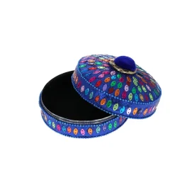 Grande boîte indienne ronde pompon bleu