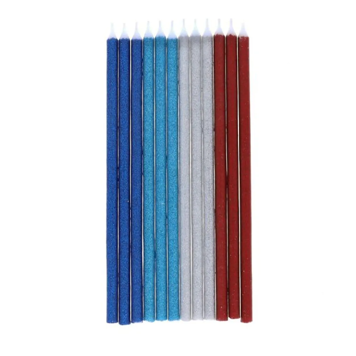 Lot de 12 bougies à paillettes bleues, rouges et argentées