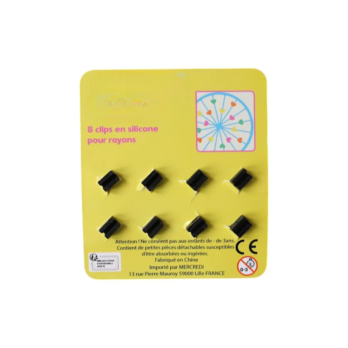Lot de 8 clips cœurs multicolores en silicone roues de vélo