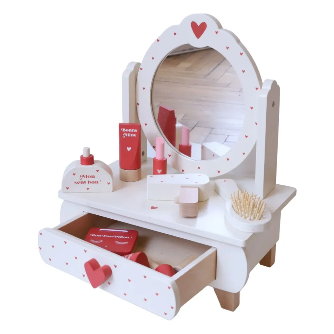 Mini coiffeuse en bois - Cœurs terracotta