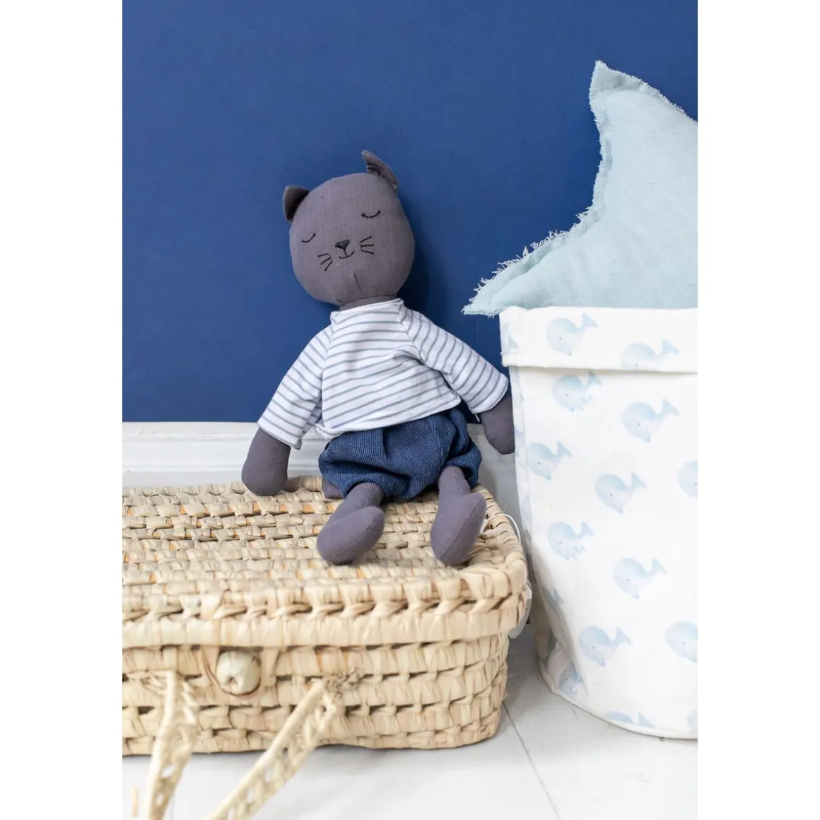 Peluche chat en tissu marinière