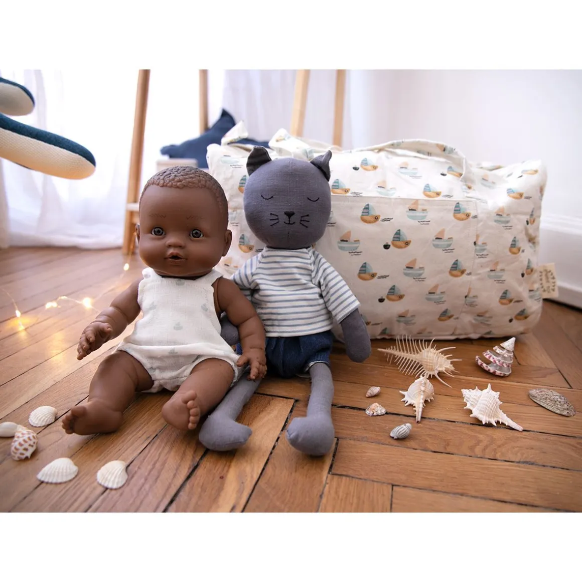 Peluche chat en tissu marinière