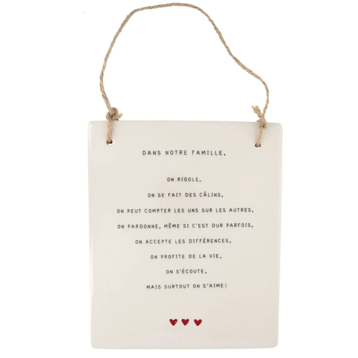 Plaque en céramique à accrocher "Notre famille" cœurs rouge