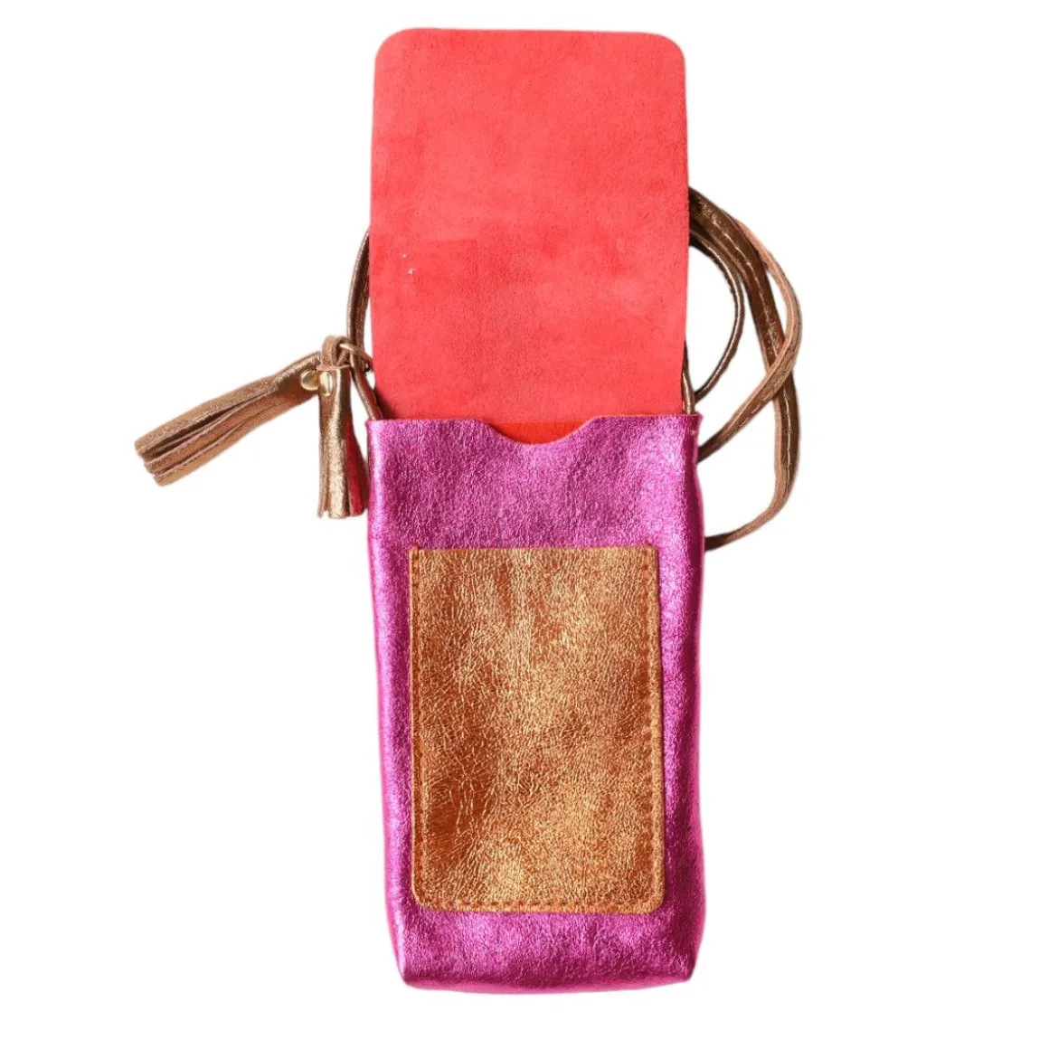 Pochette de téléphone cuir fuchsia et orange