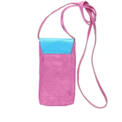Pochette de téléphone cuir rose et bleu