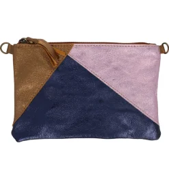 Pochette tricolore cuir bleu bronze et rose
