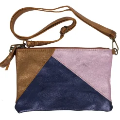 Pochette tricolore cuir bleu bronze et rose