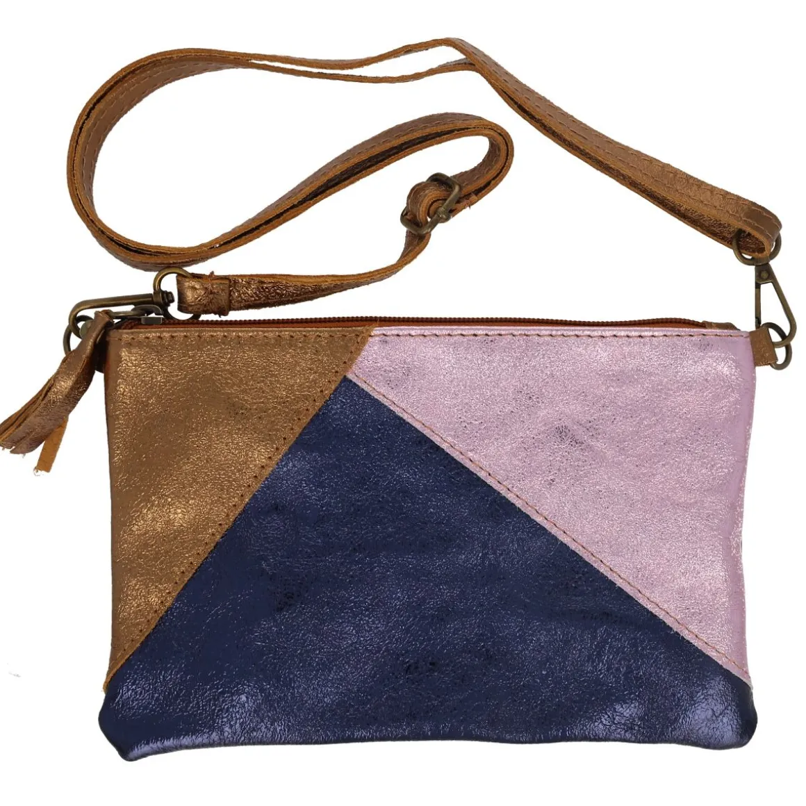 Pochette tricolore cuir bleu bronze et rose