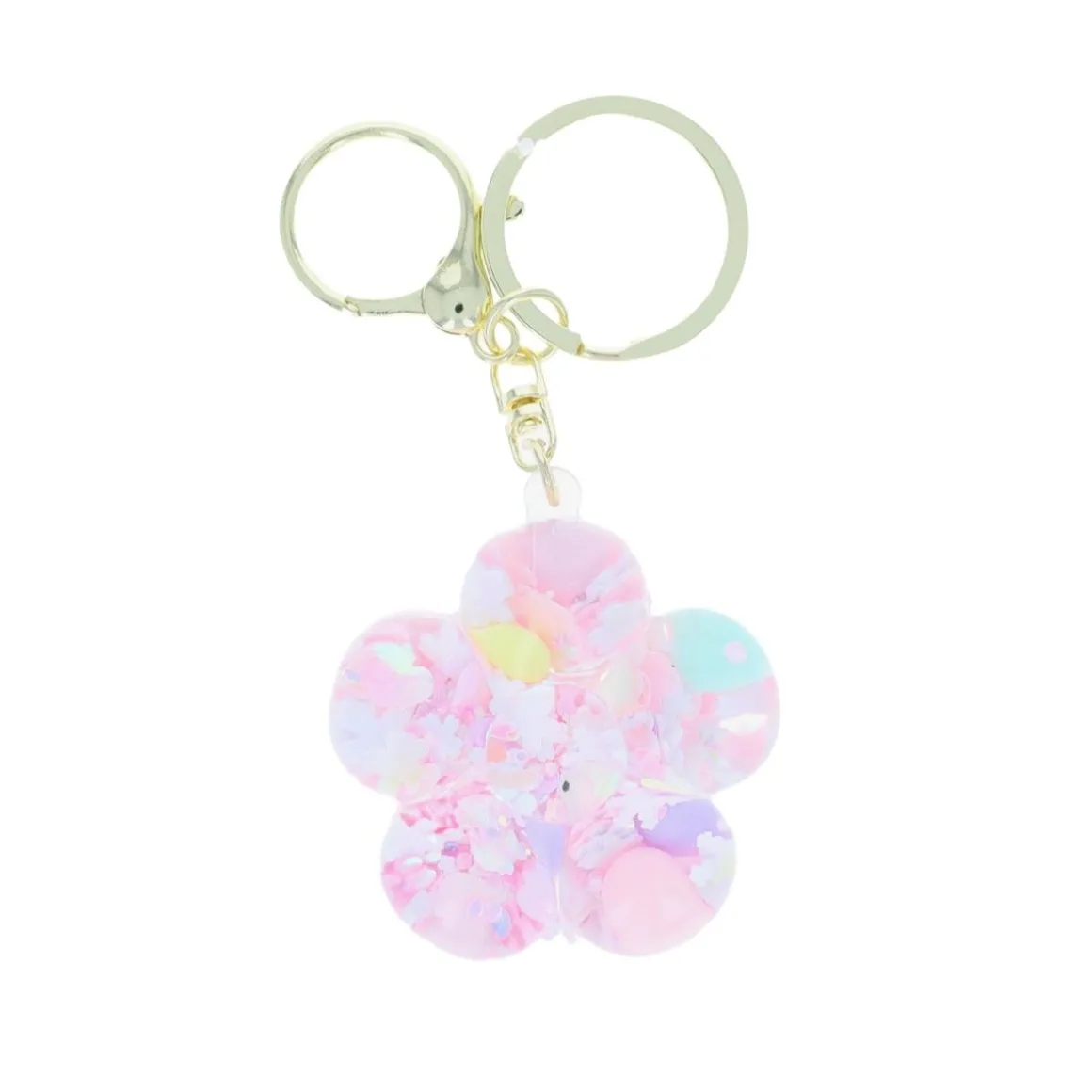 Porte-clés fleurs à paillettes liquide rose