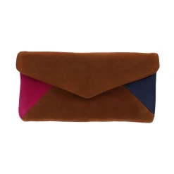 Portefeuille cuir camel fuchsia et bleu
