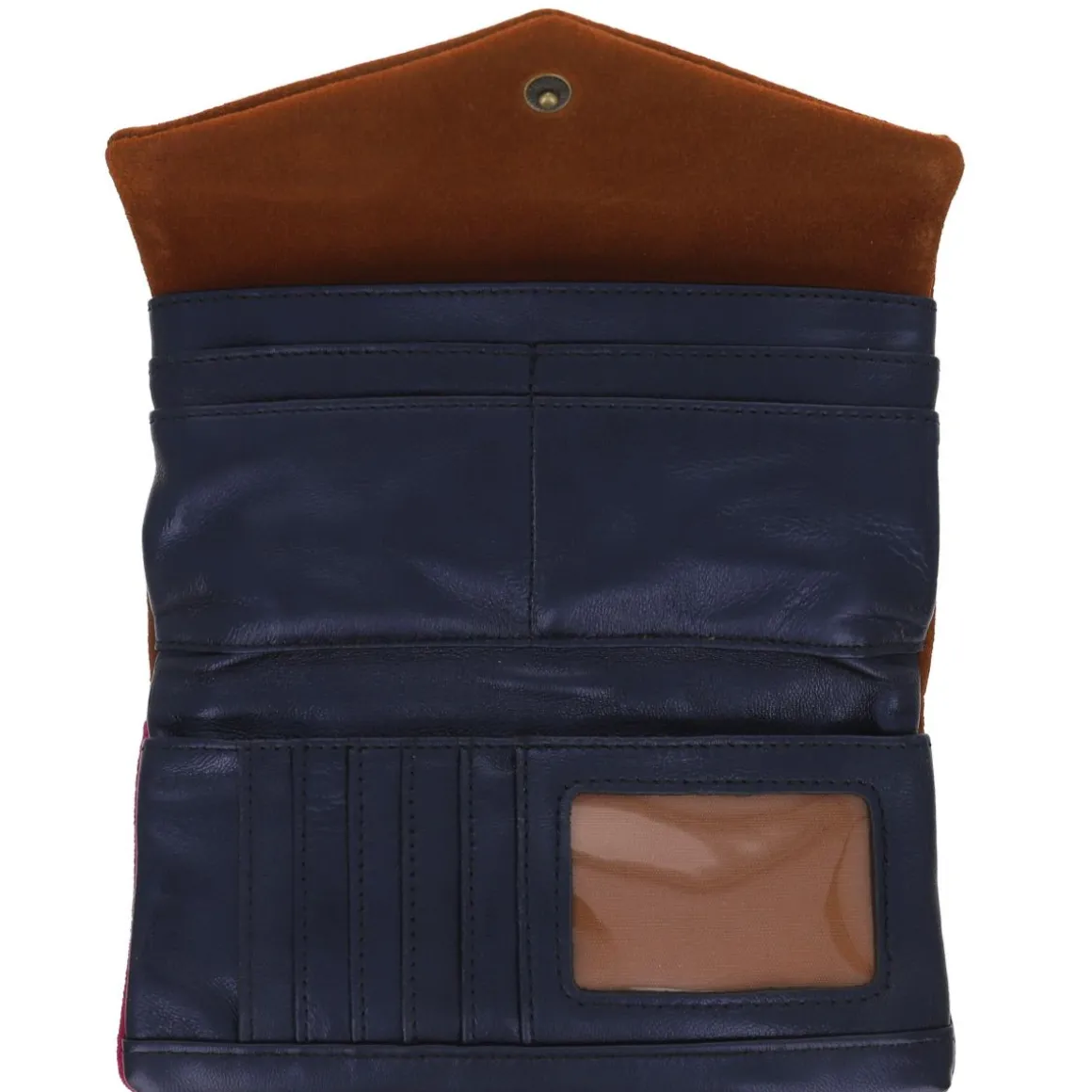 Portefeuille cuir camel fuchsia et bleu
