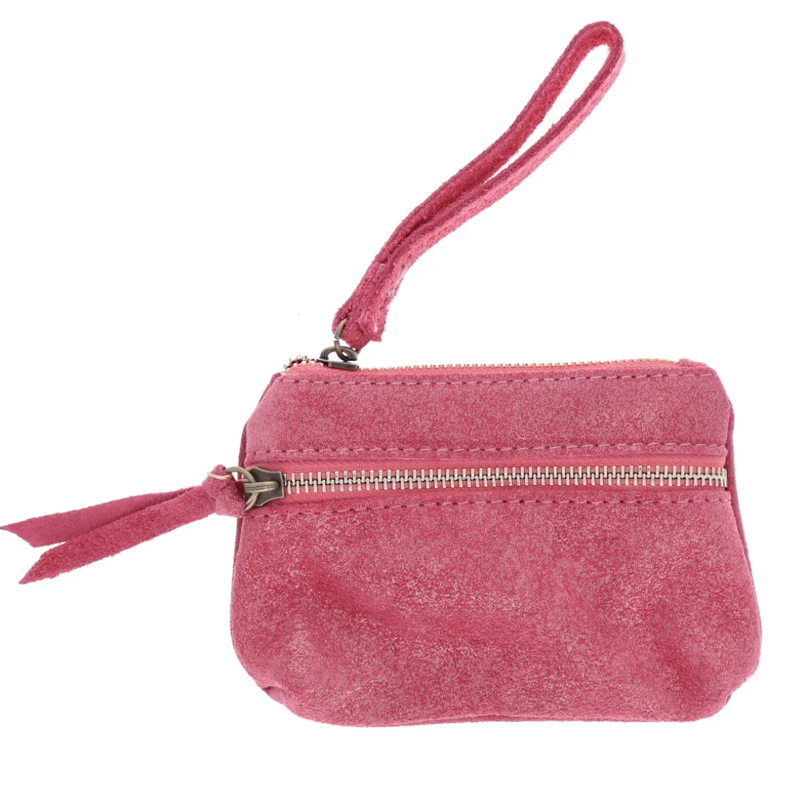 Porte-monnaie cuir double zip rose framboise