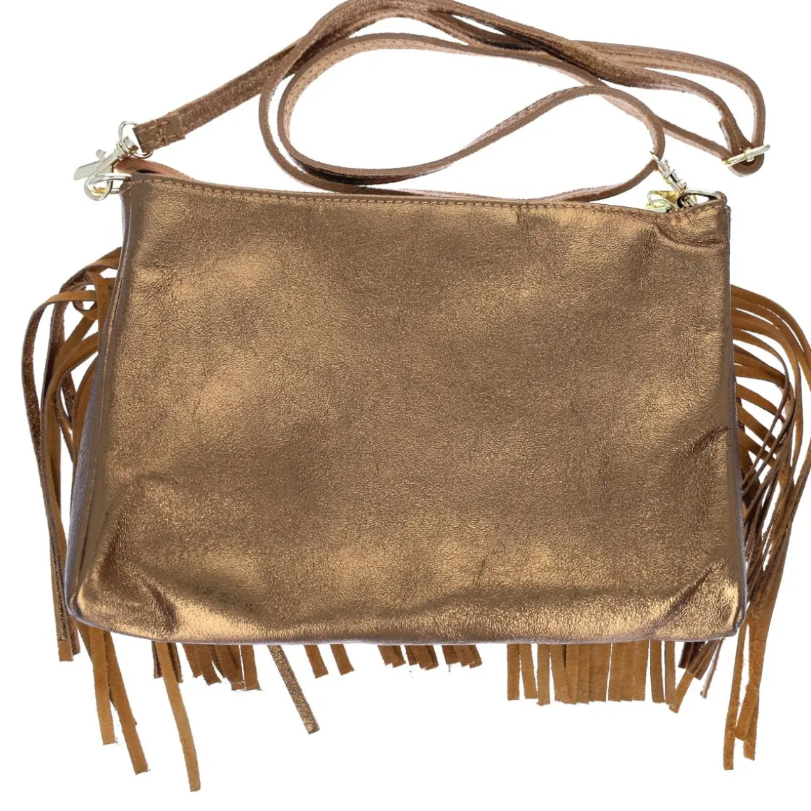 Sac à mains à franges cuir bronze