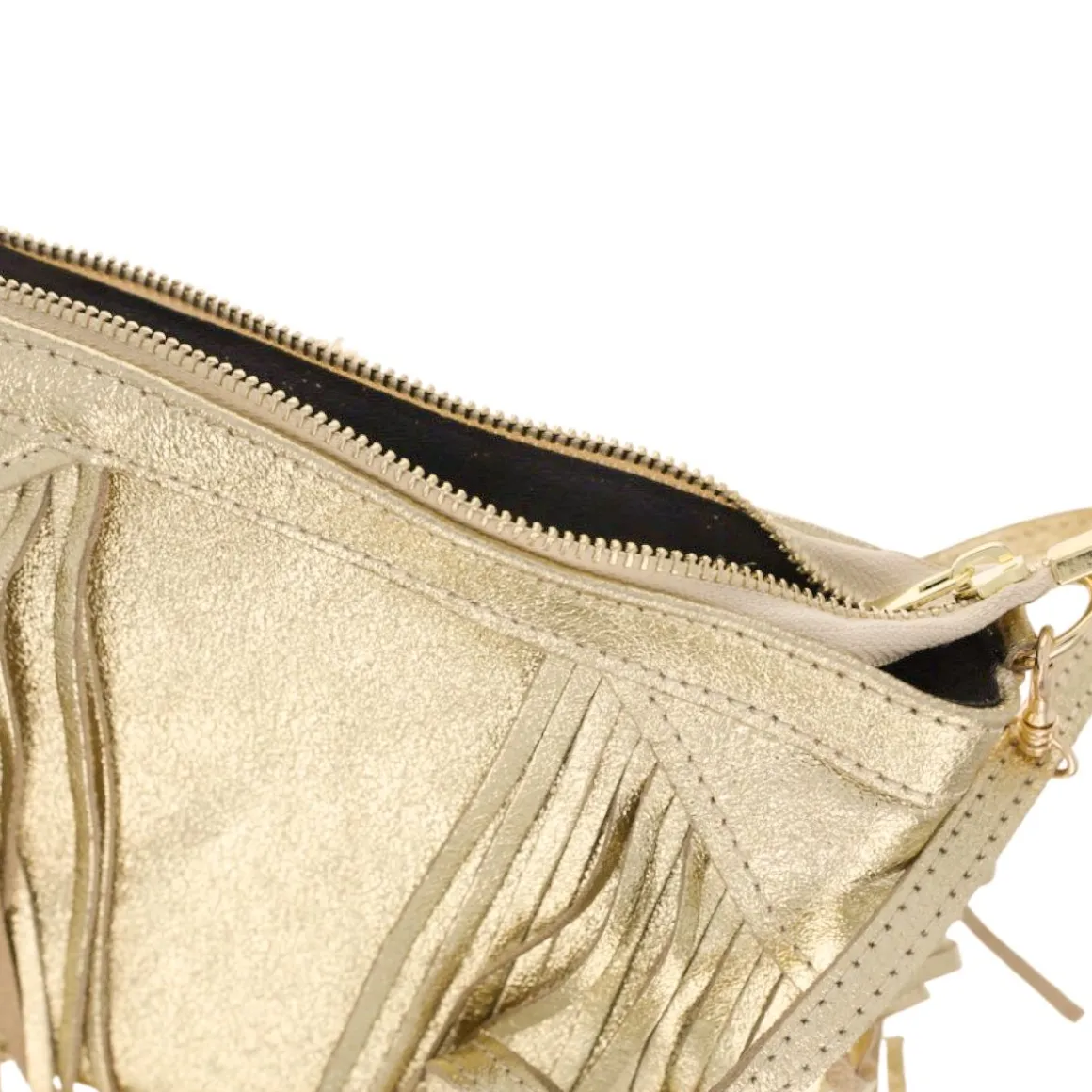 Sac à mains à franges cuir irisé platine