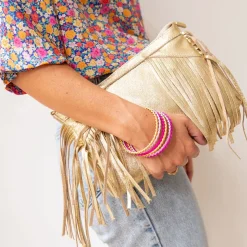 Sac à mains à franges cuir irisé platine