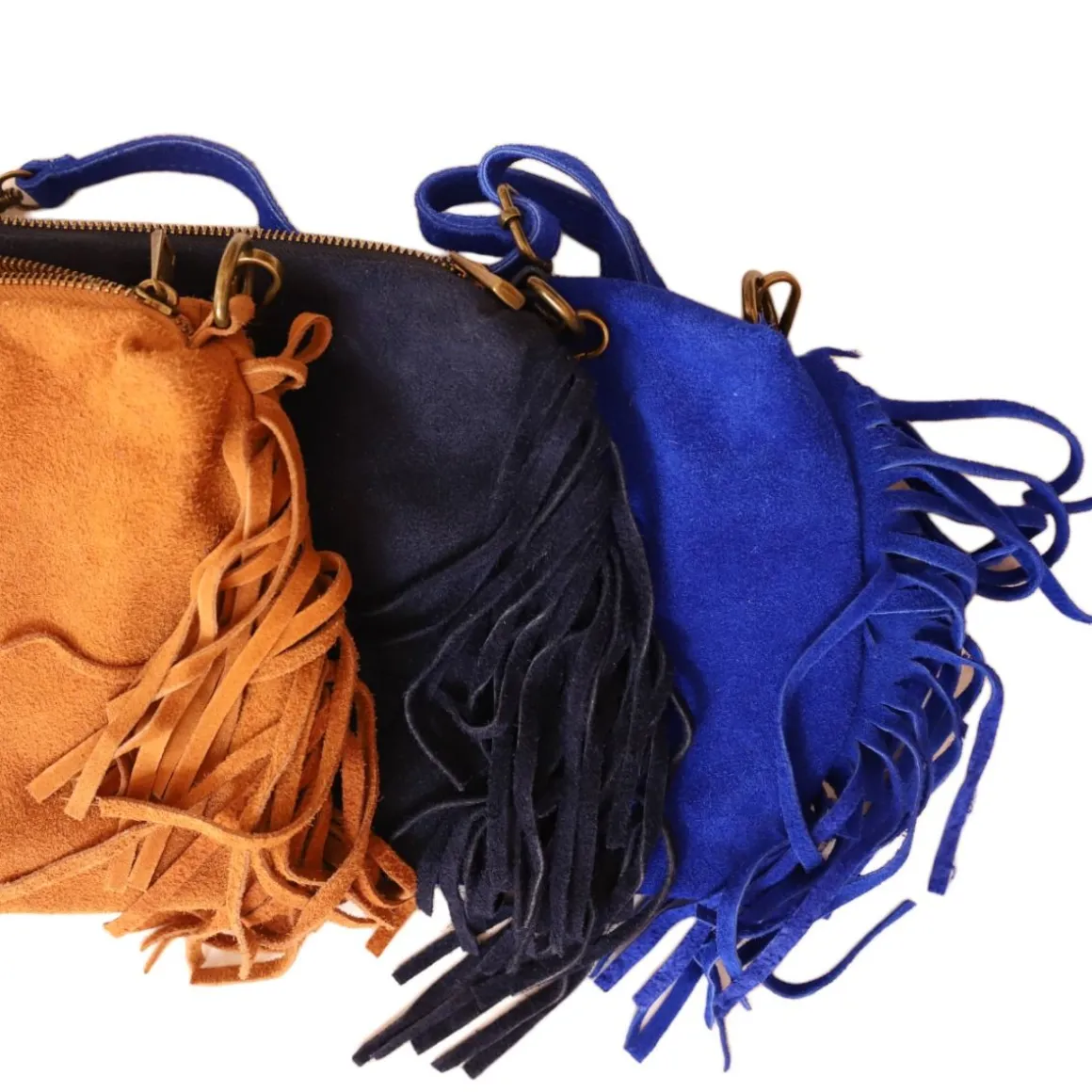 Sac à mains à franges daim bleu majorelle