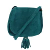 Sac à rabat daim bleu turquoise à pompons