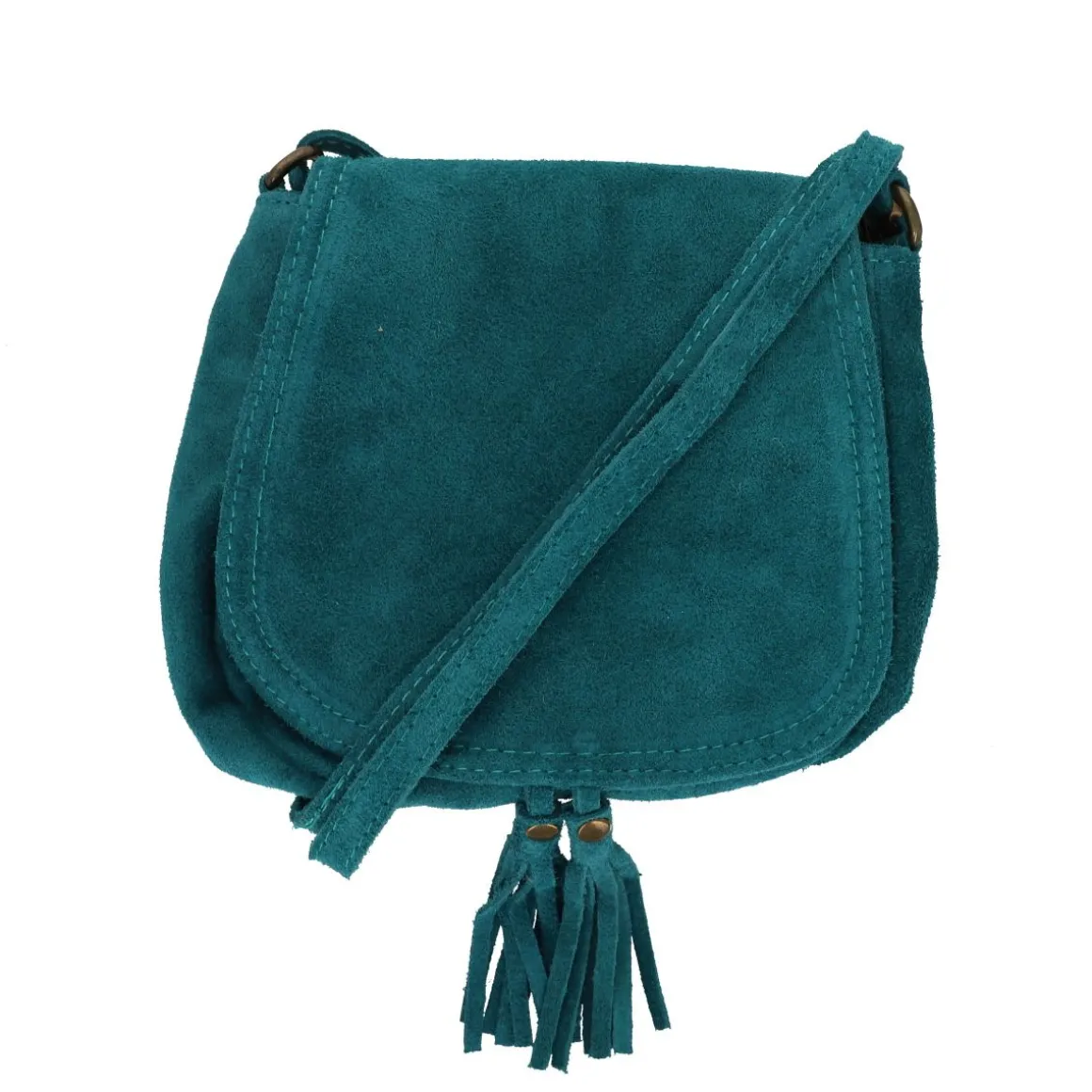 Sac à rabat daim bleu turquoise à pompons