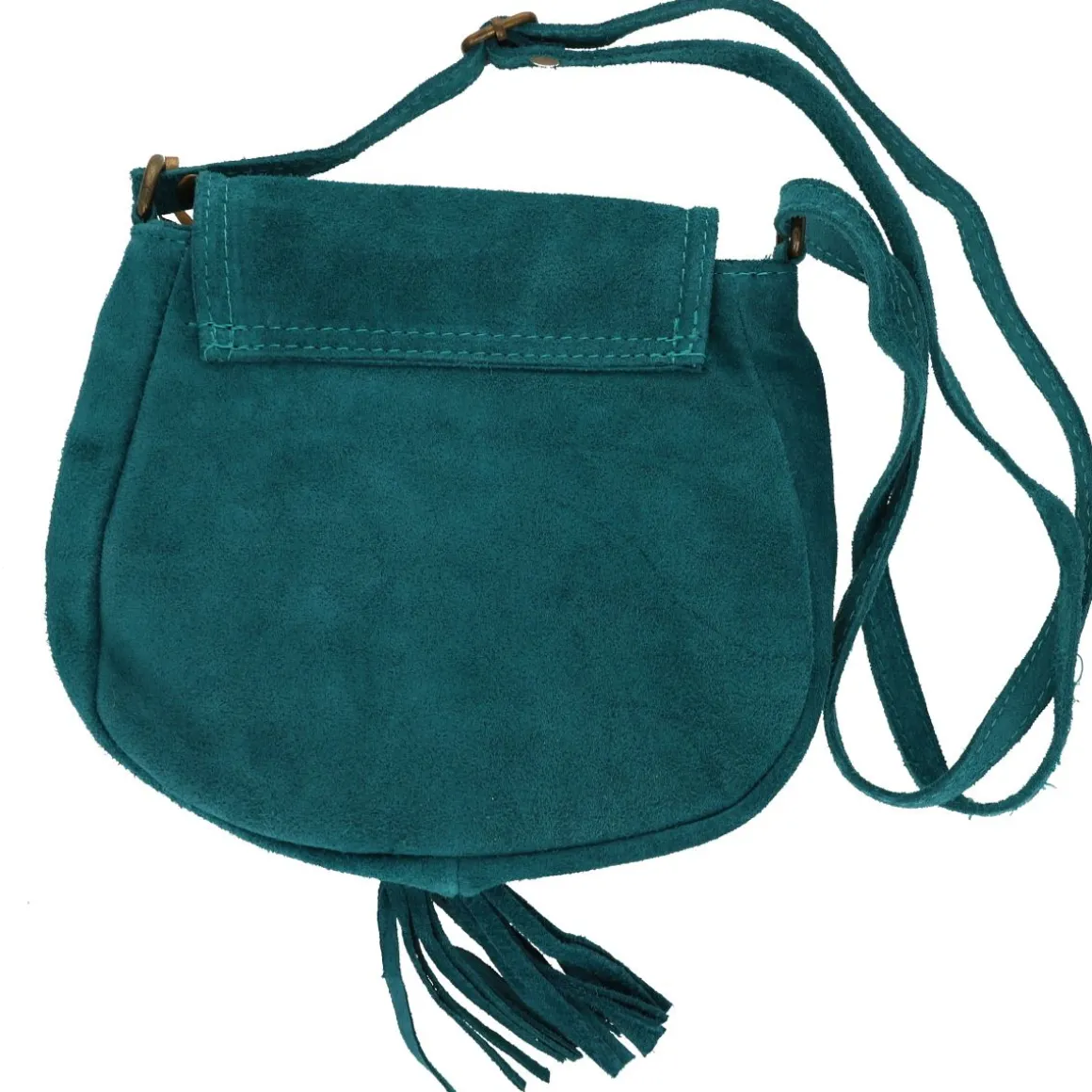 Sac à rabat daim bleu turquoise à pompons