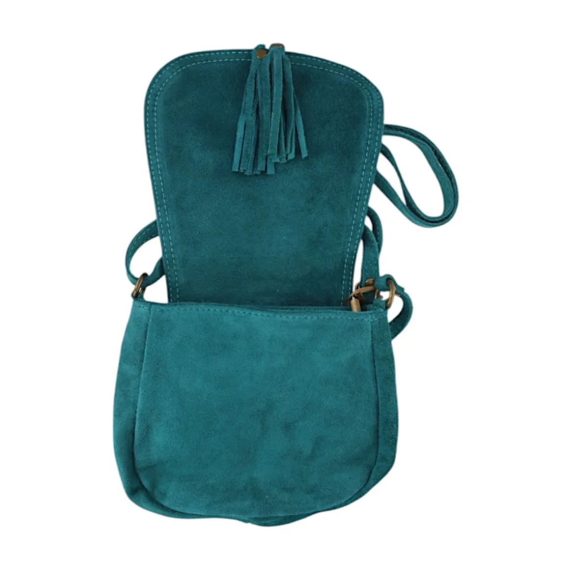 Sac à rabat daim bleu turquoise à pompons