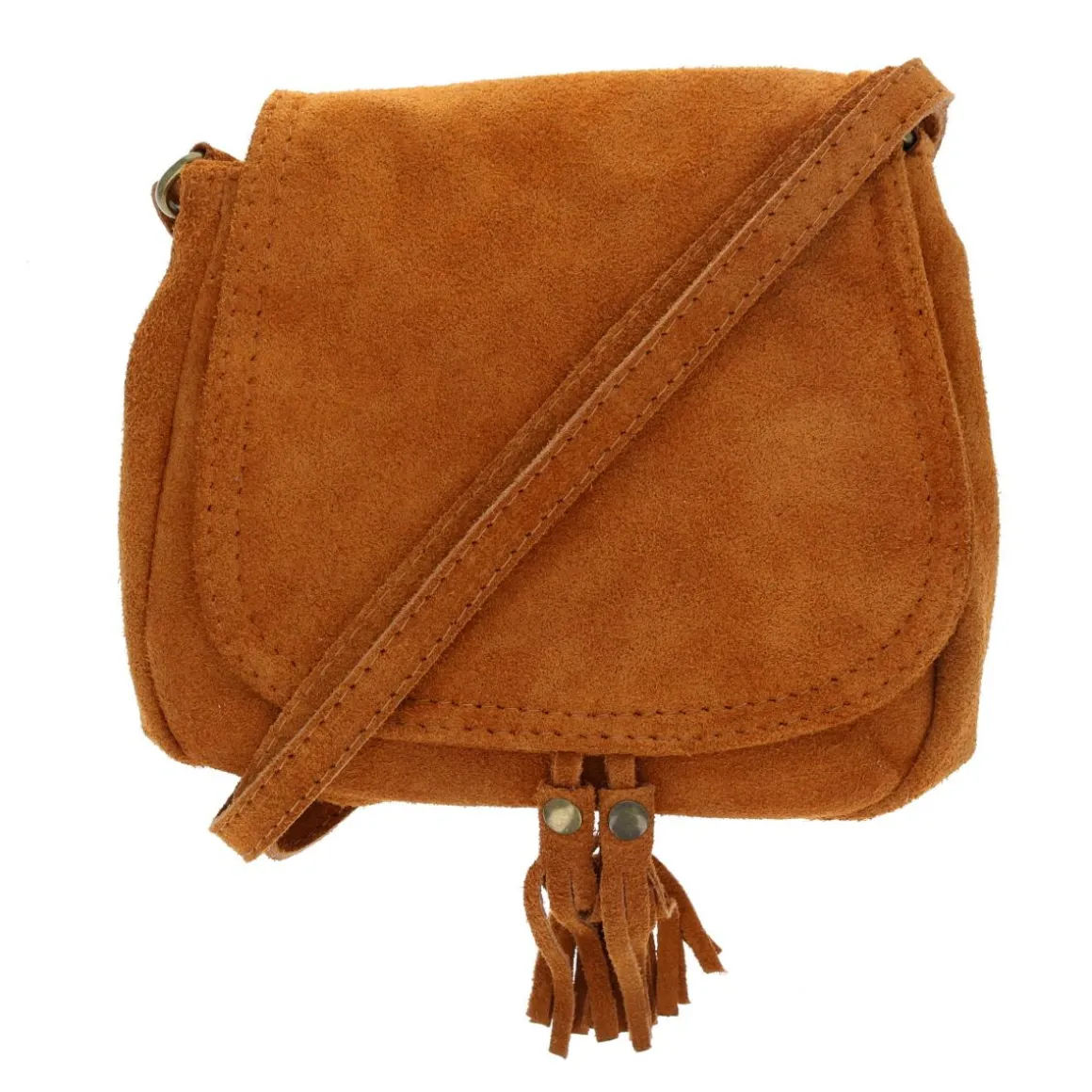 Sac à rabat daim camel à pompons