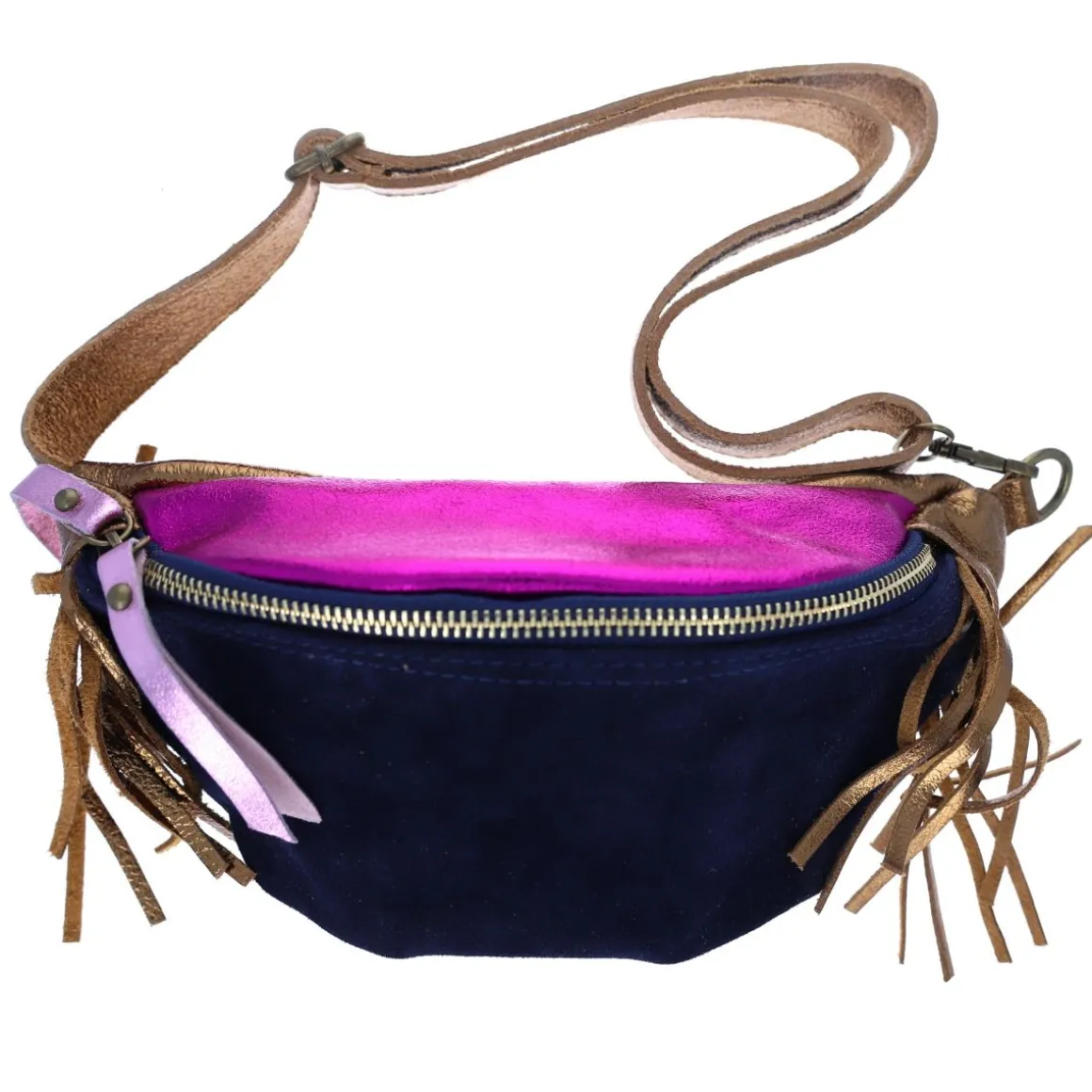 Sac banane à franges cuir bleu et rose