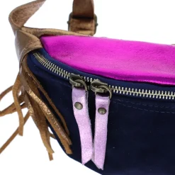 Sac banane à franges cuir bleu et rose