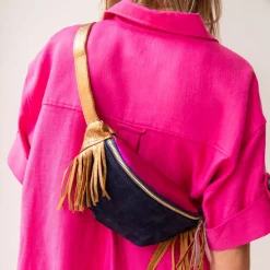 Sac banane à franges cuir bleu et rose