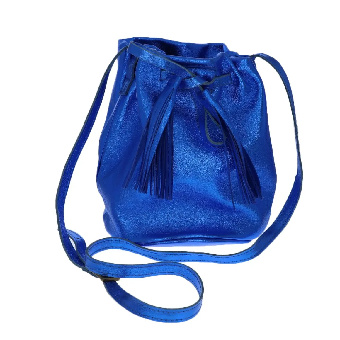 Sac bourse cuir bleu électrique à pompons