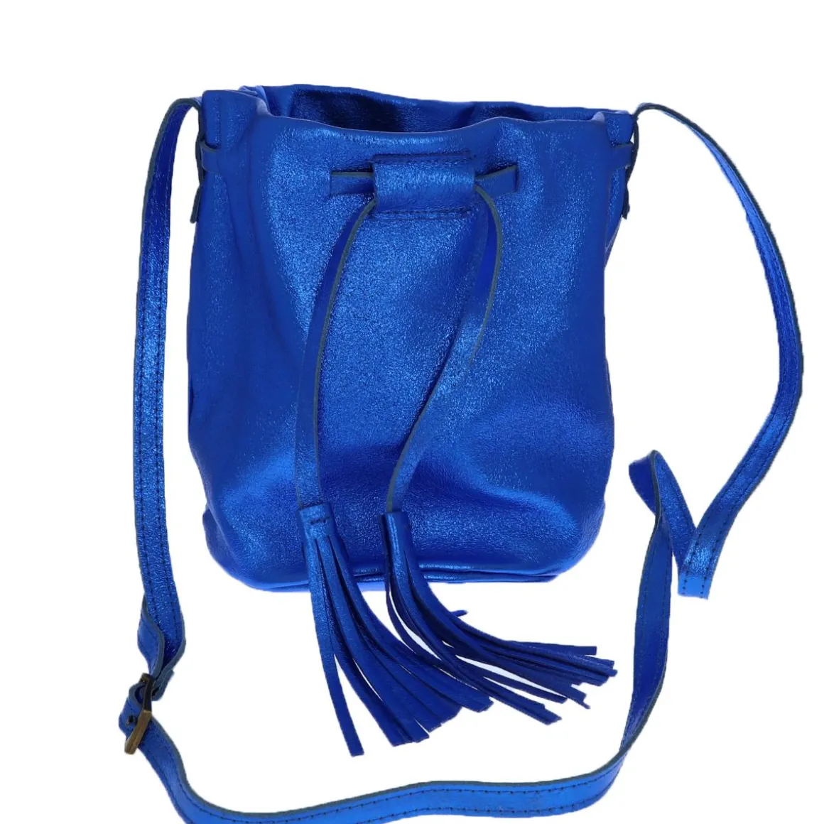 Sac bourse cuir bleu électrique à pompons