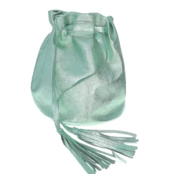 Sac bourse cuir vert menthe à pompons
